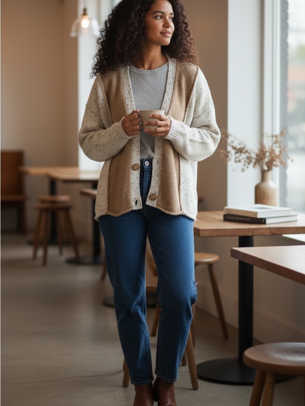 Hem & Thread Cozy Two-Tone Button Cardigan in Cream and Tan